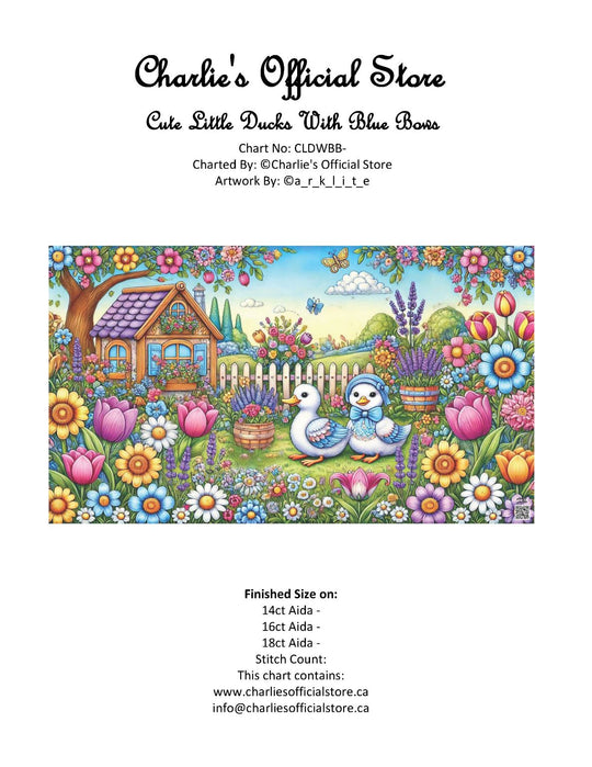 Counted Cross Stitch- Cute Little Ducks With Blue Bows - Full Coverage Digital Download PDF Format