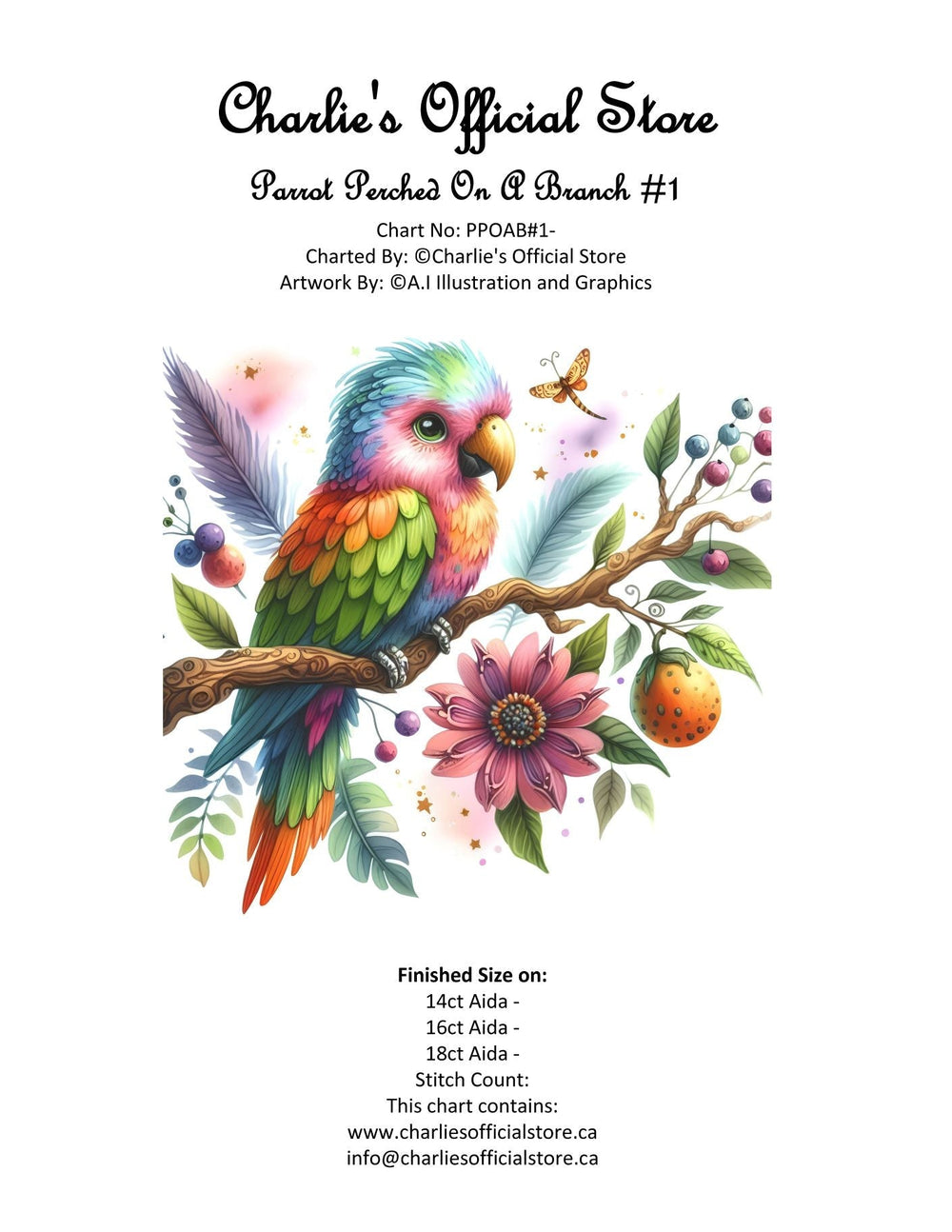 Counted Cross Stitch - Parrot Perched On A Branch - Digital Download PDF download file (Copy) Charlie's Official Store