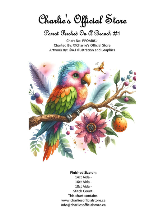 Counted Cross Stitch - Parrot Perched On A Branch - Digital Download PDF download file (Copy) Charlie's Official Store