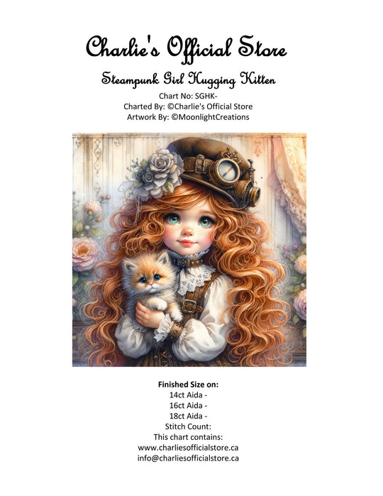 Counted Cross Stitch - Steampunk Little Girl Hugging Kitten - Digital Download PDF download file