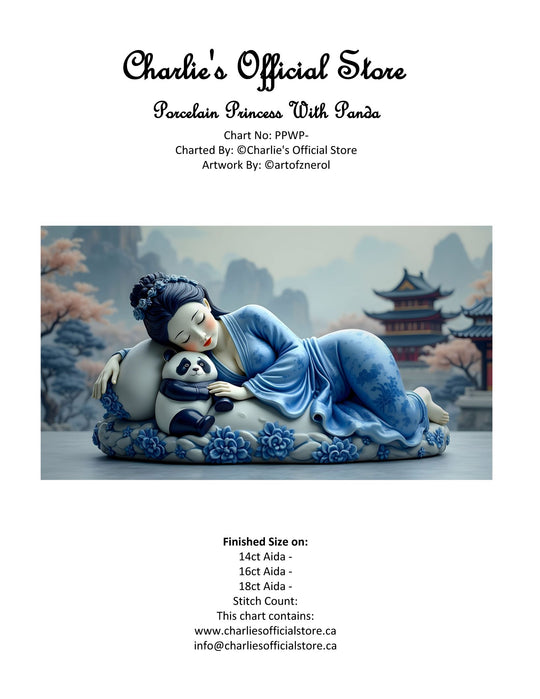 Counted Cross - Porcelain Princess With Panda - Full Coverage Digital Download PDF Format