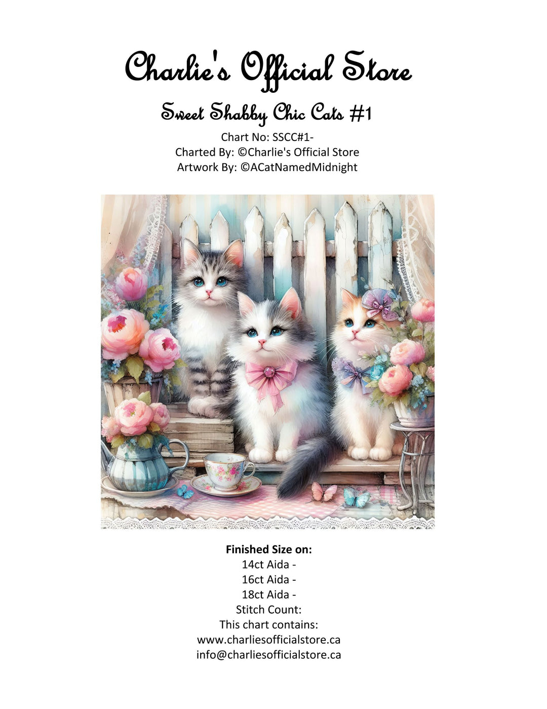 Counted Cross Stitch - Sweet Shabby Chic Cats #1 - Digital Download PDF download file