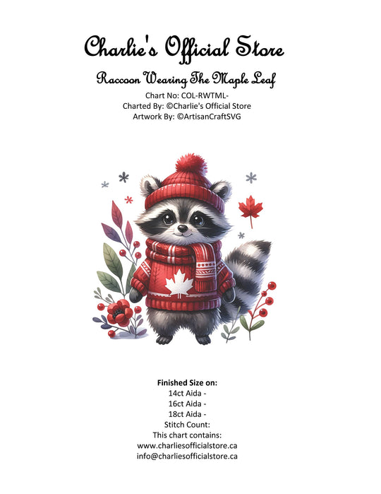 Counted Cross Stitch -  Raccoon Wearing The Maple Leaf - Digital Download PDF download file