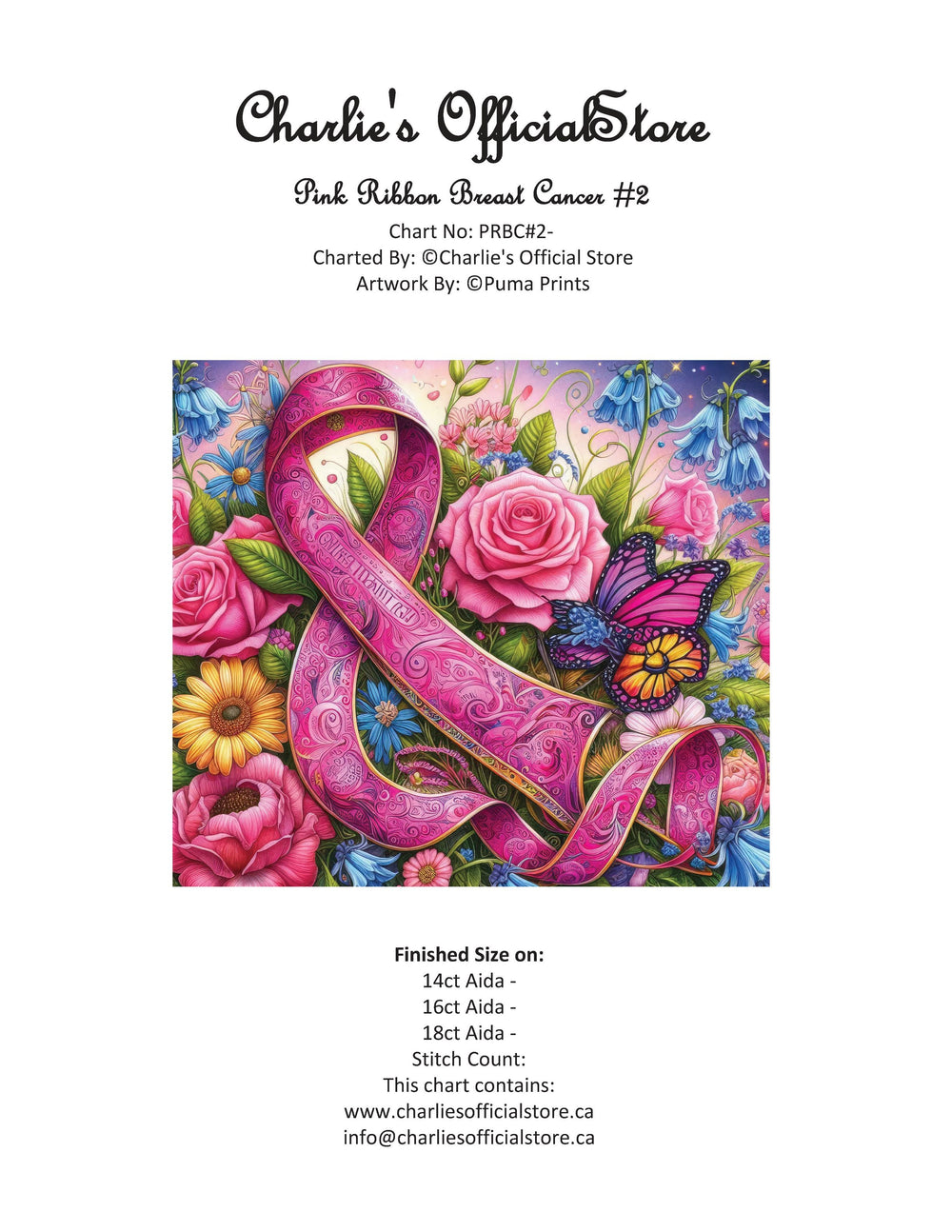 Counted Cross Stitch - Pink Ribbon Breast Cancer #2- Digital Download PDF download file Charlie's Official Store
