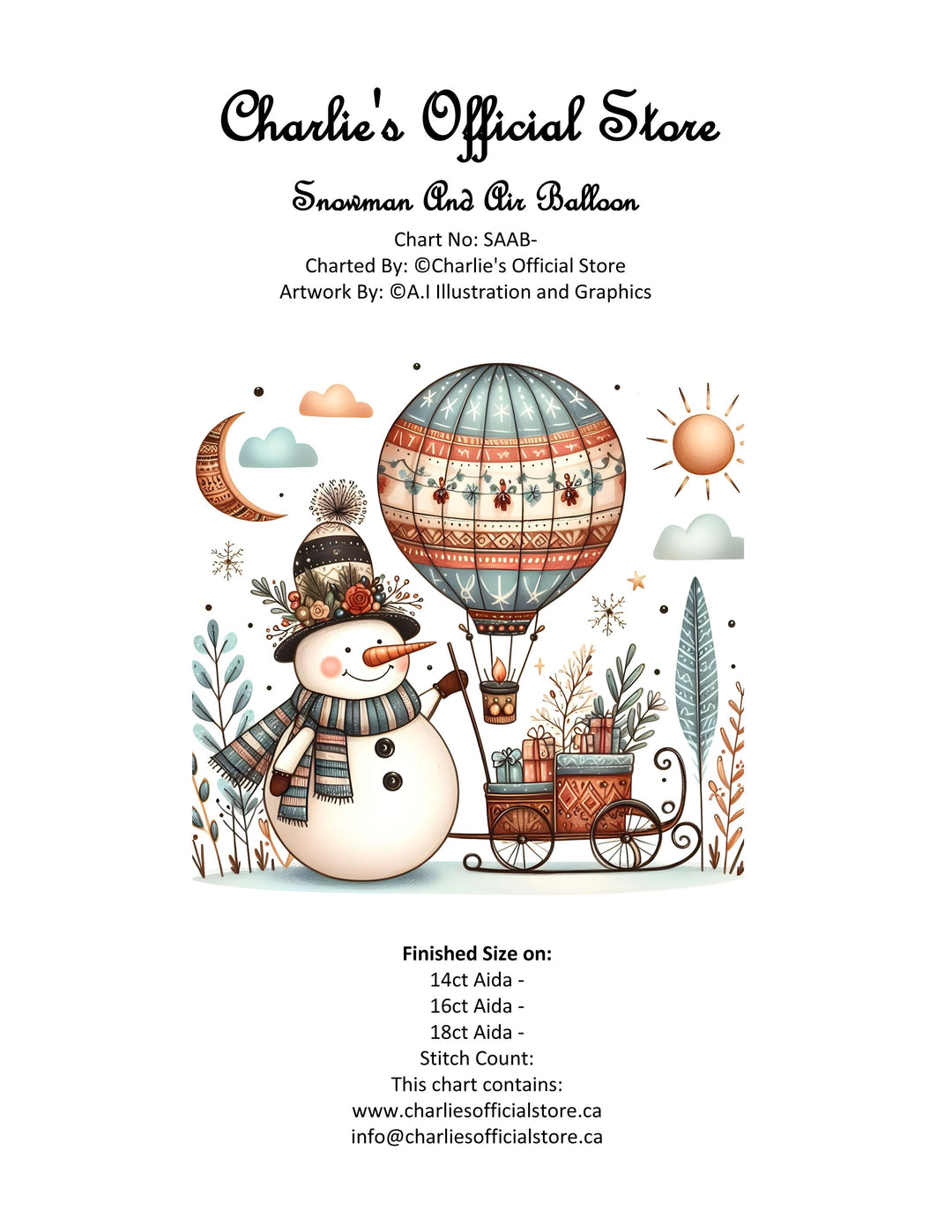 Counted Cross Stitch - Snowman And Air Balloon - Digital Download PDF download file (Copy) (Copy) Charlie's Official Store