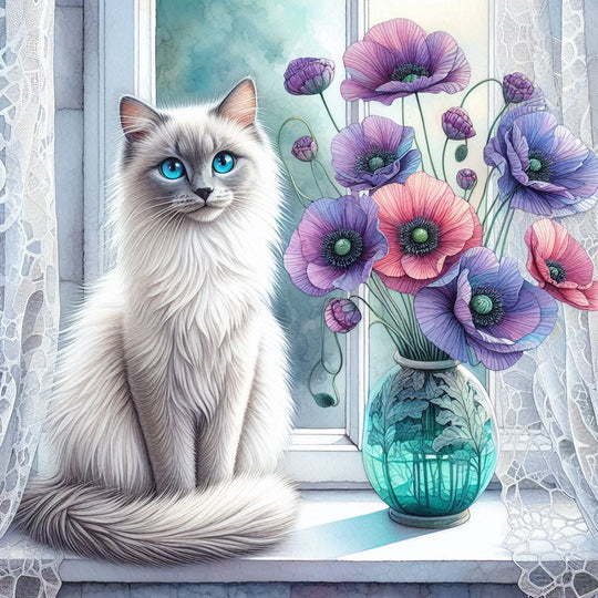 Stamped Cross Stitch -  Cat And Poppies - Full Coverage 11ct 14ct Aida Cotton Silky Threads Charlie's Official Store