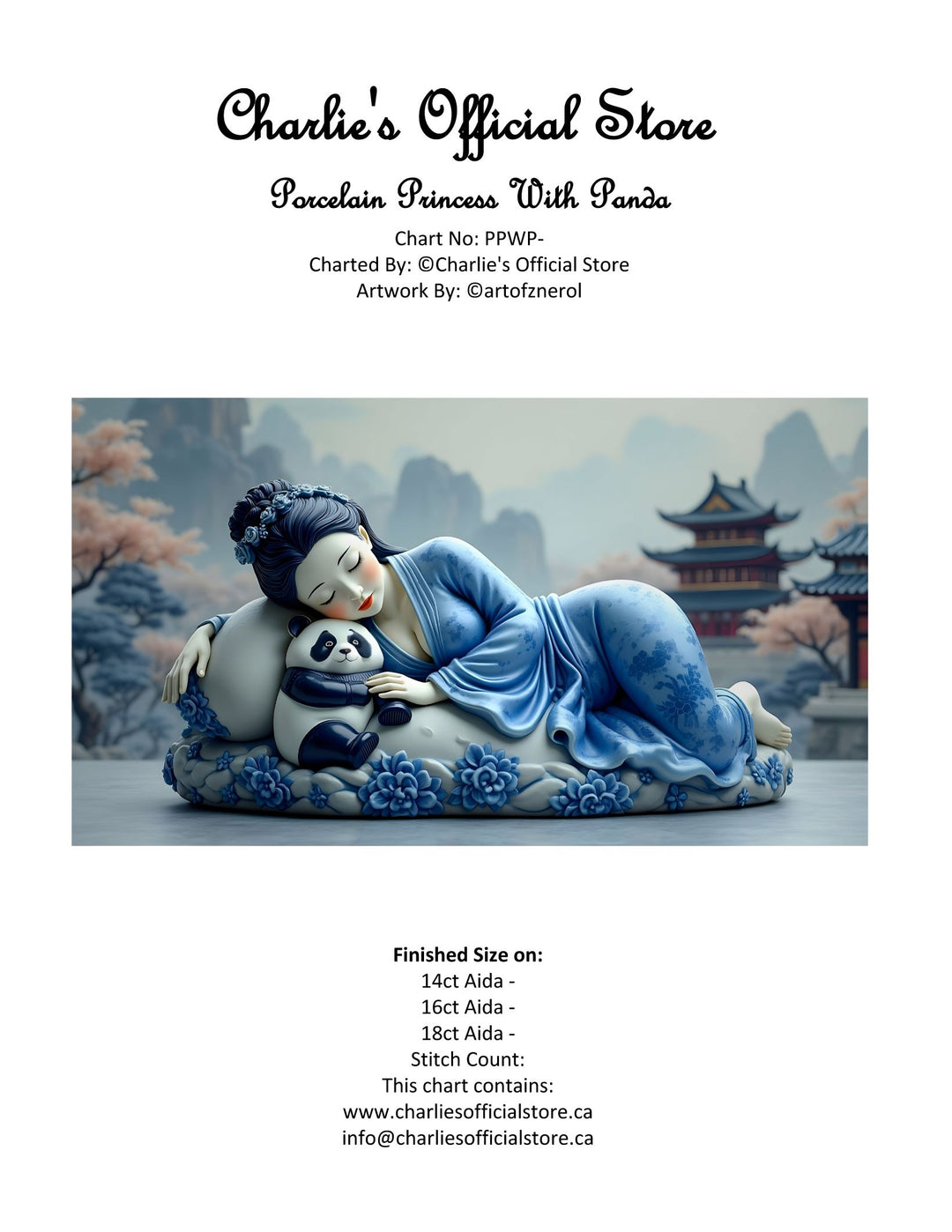 Counted Cross - Porcelain Princess With Panda - Full Coverage Digital Download PDF Format