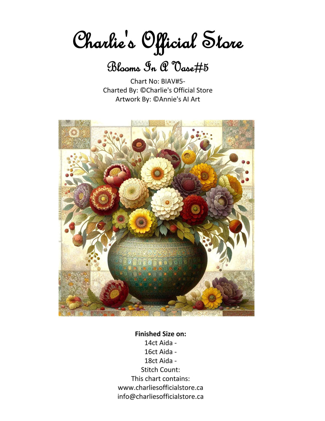 Counted Cross Stitch - Blooms In A Vase #5 - Digital Download PDF Charlie's Official Store