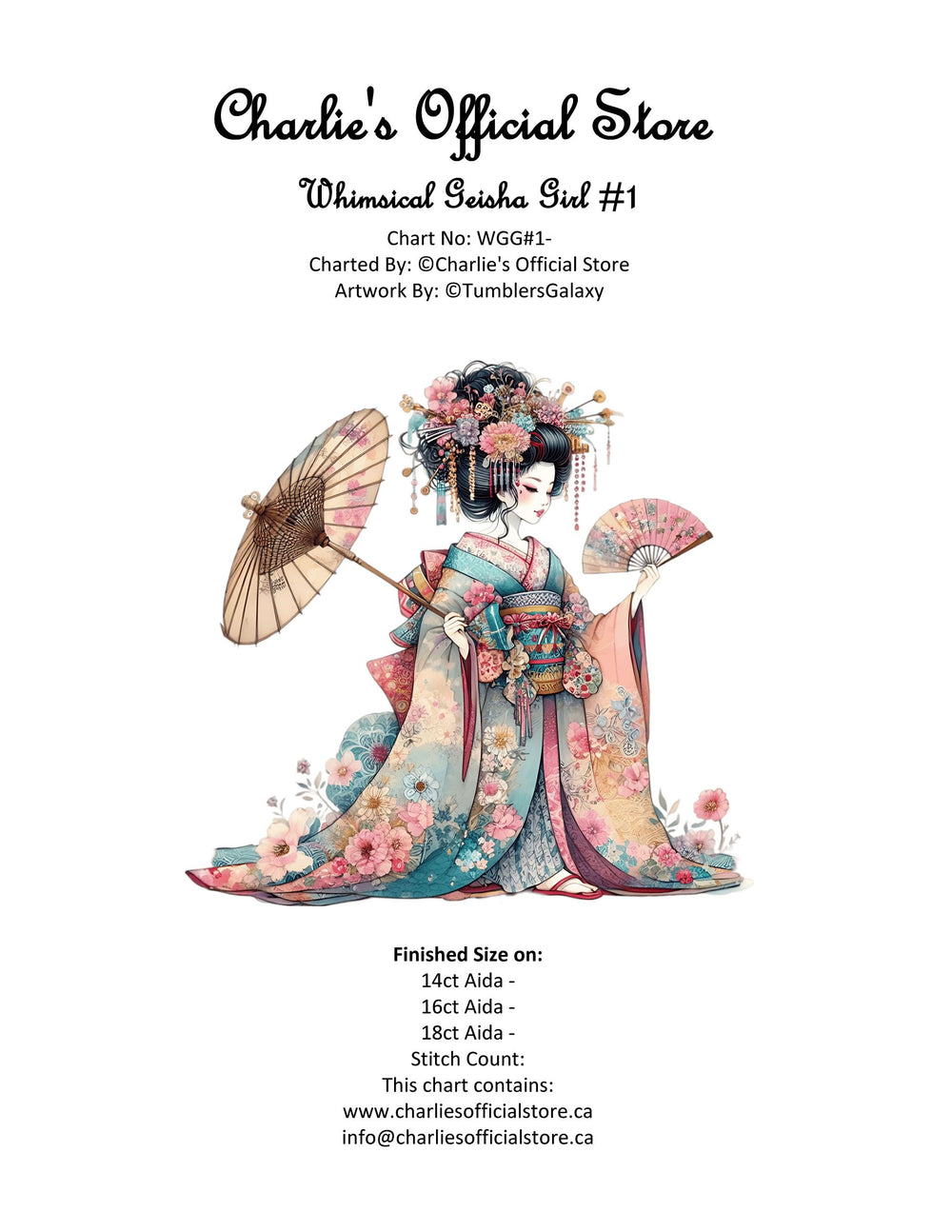 Counted Cross Stitch - Whimsical Geisha Girl #1 - Digital Download PDF download file