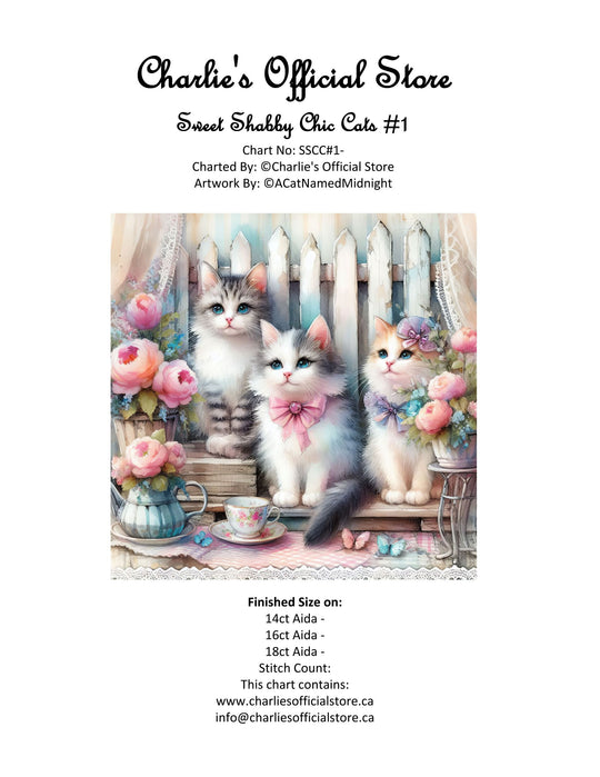 Counted Cross Stitch - Sweet Shabby Chic Cats #1 - Digital Download PDF download file