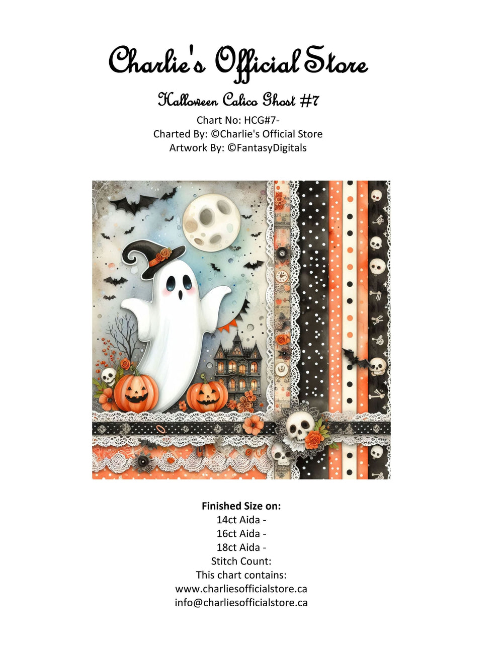 Counted Cross Stitch - Halloween Calico Ghost #7 - Digital Download PDF download file Charlie's Official Store