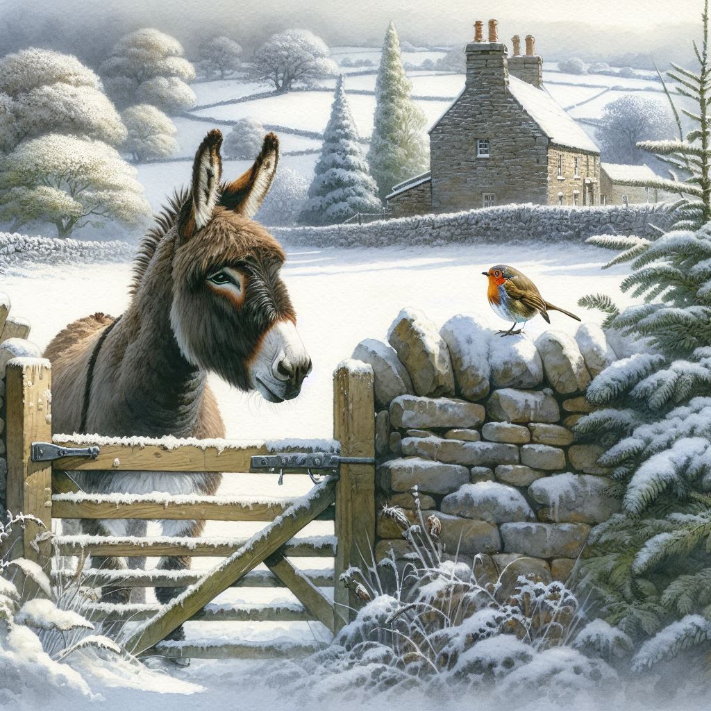 Counted Cross Stitch - Donkey And Robbin Winter Scene - Full Coverage Digital Download PDF File (Copy) Charlie's Official Store