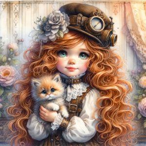 Counted Cross Stitch - Steampunk Little Girl Hugging Kitten - Digital Download PDF download file