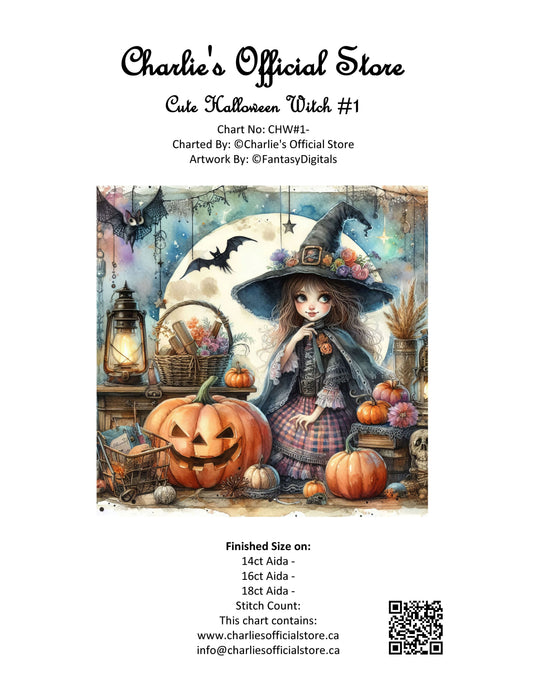 Counted Cross-Stitch - Cute Halloween Witch #1 - Full Coverage Digital Download PDF File Charlie's Official Store