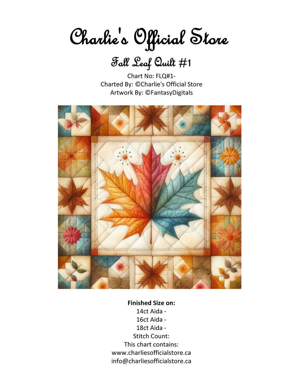 Stamped Cross-Stitch Fall Leaf Quilt #1 Full Coverage 11ct 14ct Charlie's Official Store