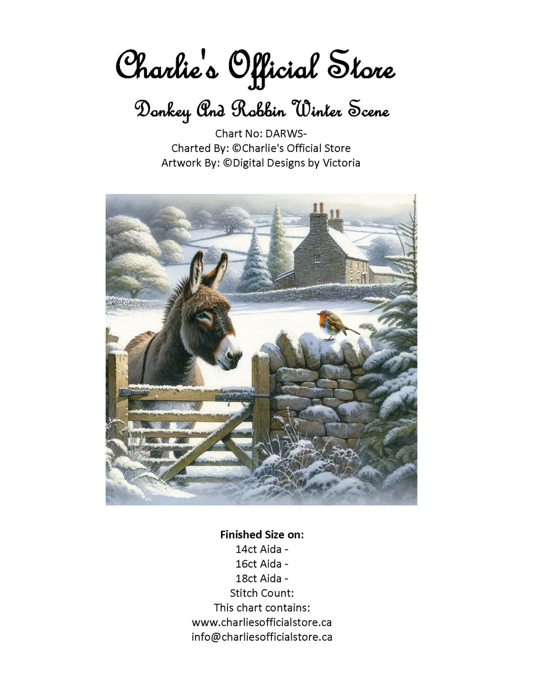 Counted Cross Stitch - Donkey And Robbin Winter Scene - Full Coverage Digital Download PDF File (Copy) Charlie's Official Store