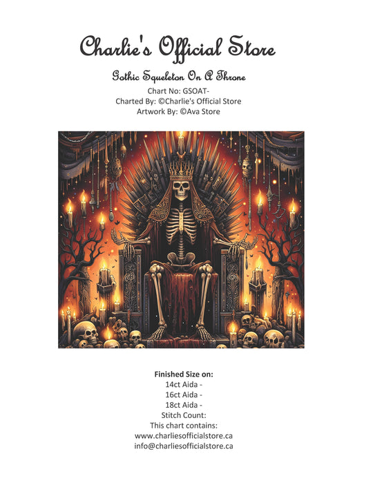 Counted Cross Stitch - Gothic Squeleton On A Throne - Digital Download PDF File Charlie's Official Store