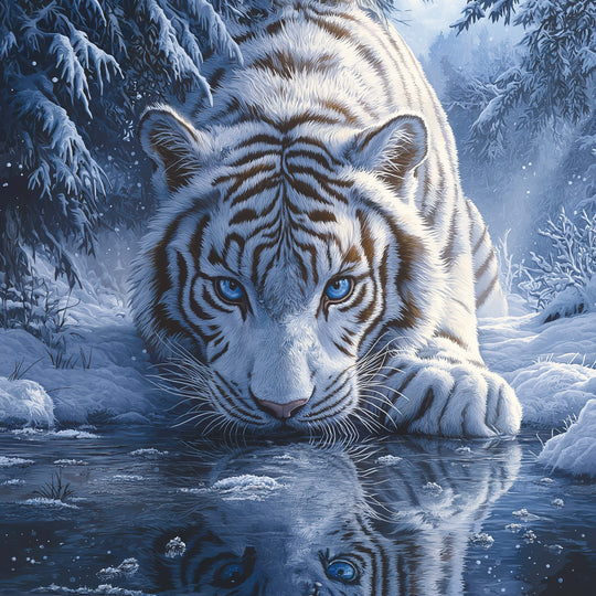 Stamped Cross-Stitch Winter's Majestic White Tiger Full Coverage 11ct 14ct Cotton & Silky Threads Charlie's Official Store