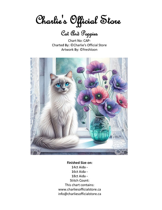 Counted Cross Stitch - Cat and Poppies - Digital Download PDF download file