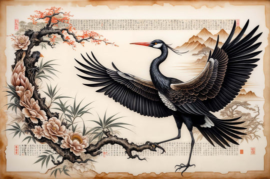 Stamped Cross Stitch - Black Stork #2 - Full Coverage 11ct 14ct Aida Cotton Silky Threads